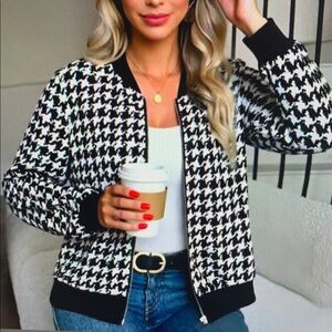 Black & White Houndstooth Zip-Front Women’s Jackets and Black Leather Jackets
